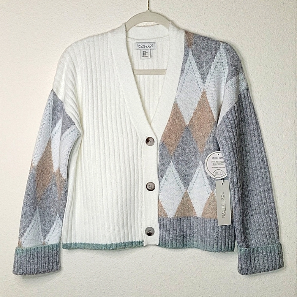 RACHEL ZOE Argyle Oversized Cardigan, XS ( will fit Small), Ivory Multi, NWT